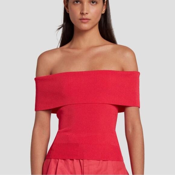 7 FOR ALL MANKIND Women’s Hot Pink Ribbed Off Shoulder Fitted Top - Picture 9 of 9